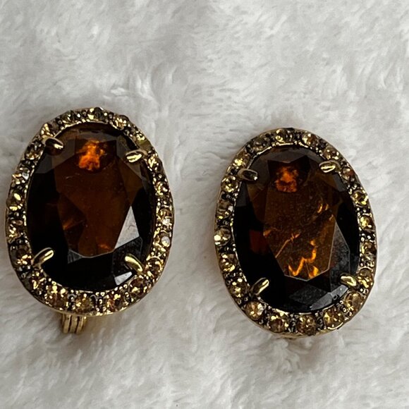 Monet Jewelry - Vintage Monet Clip-On Earrings With Faceted Amber-Colored Glass & Rhinestone Hal